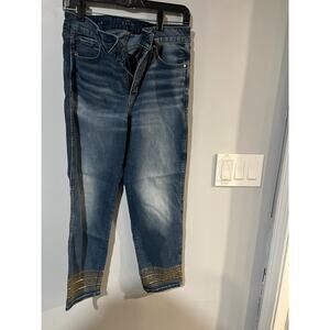 White House black market Slim cut jeans with gold beading at hem size 8